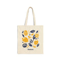Personalized citrus block print canvas tote bag with custom name, navy and mustard design