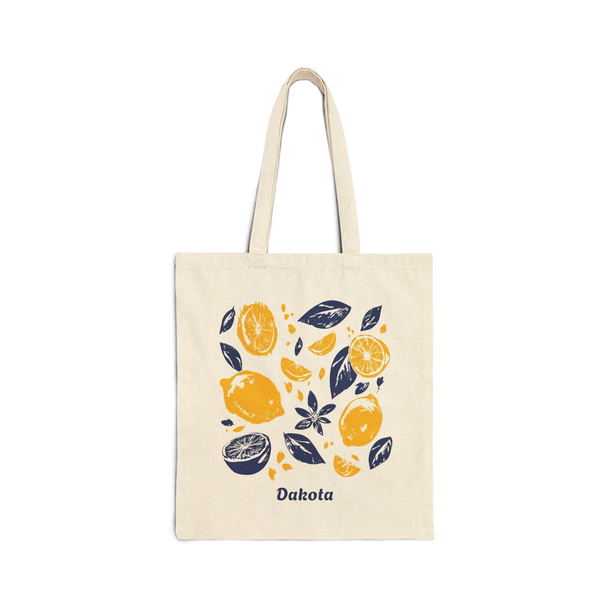 Personalized citrus block print canvas tote bag with custom name, navy and mustard design
