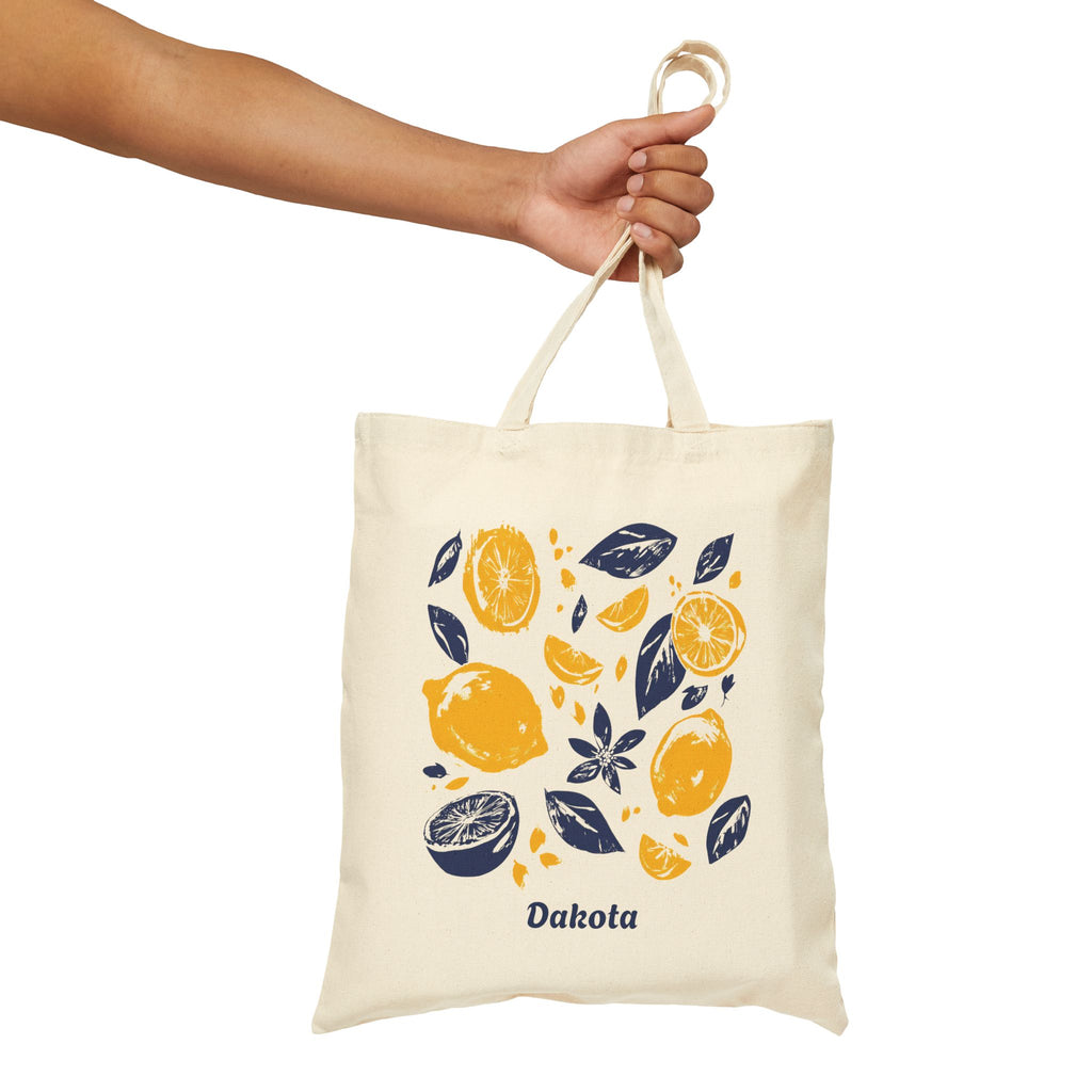 Personalized citrus block print canvas tote bag size and dimensions reference