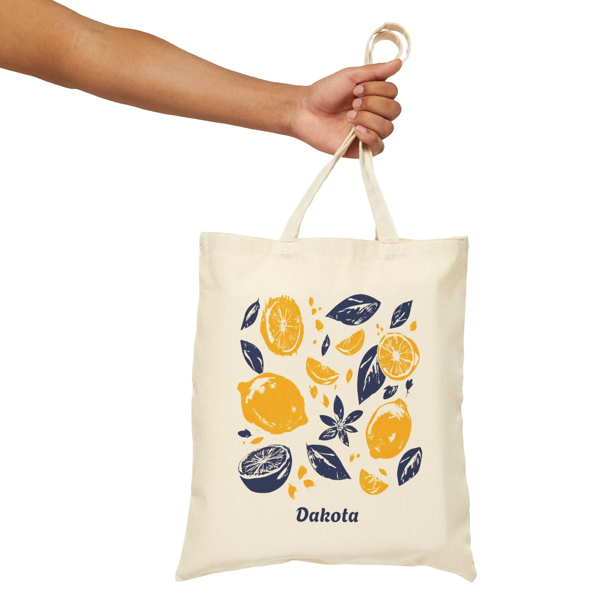 Personalized citrus block print canvas tote bag size and dimensions reference