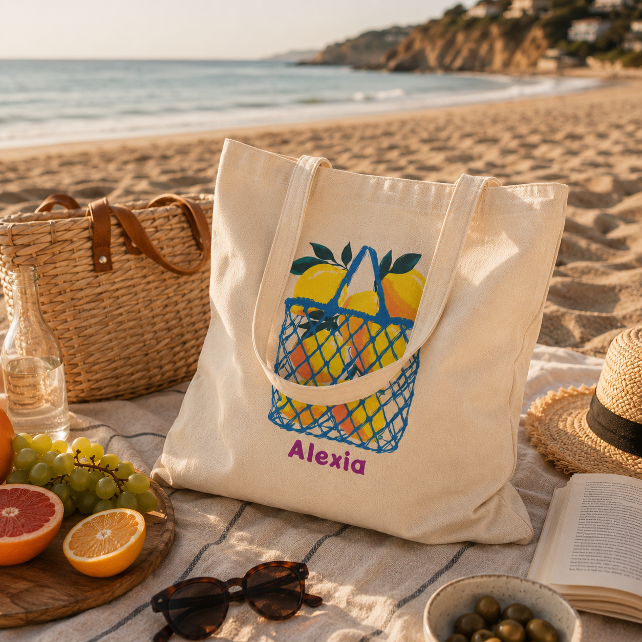 Close-up of citrus market basket print and custom name on canvas tote bag