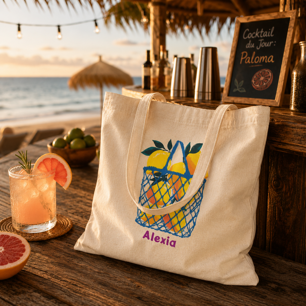 Personalized citrus market basket tote bag shown worn on shoulder, lifestyle photo