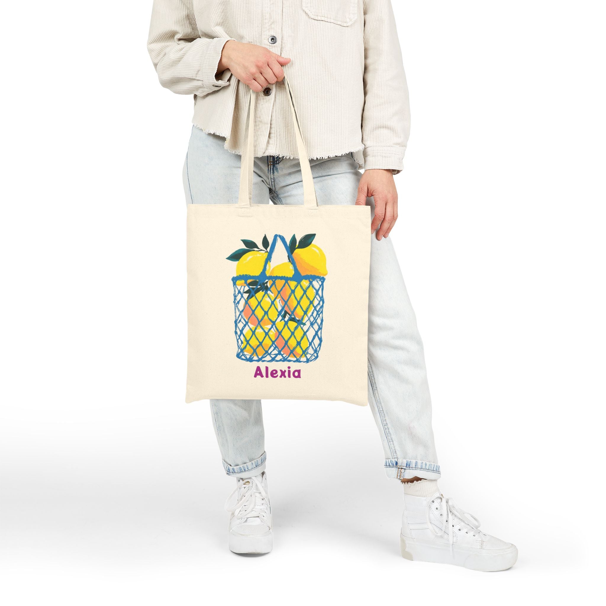 Personalized citrus market basket canvas tote bag size and dimensions reference