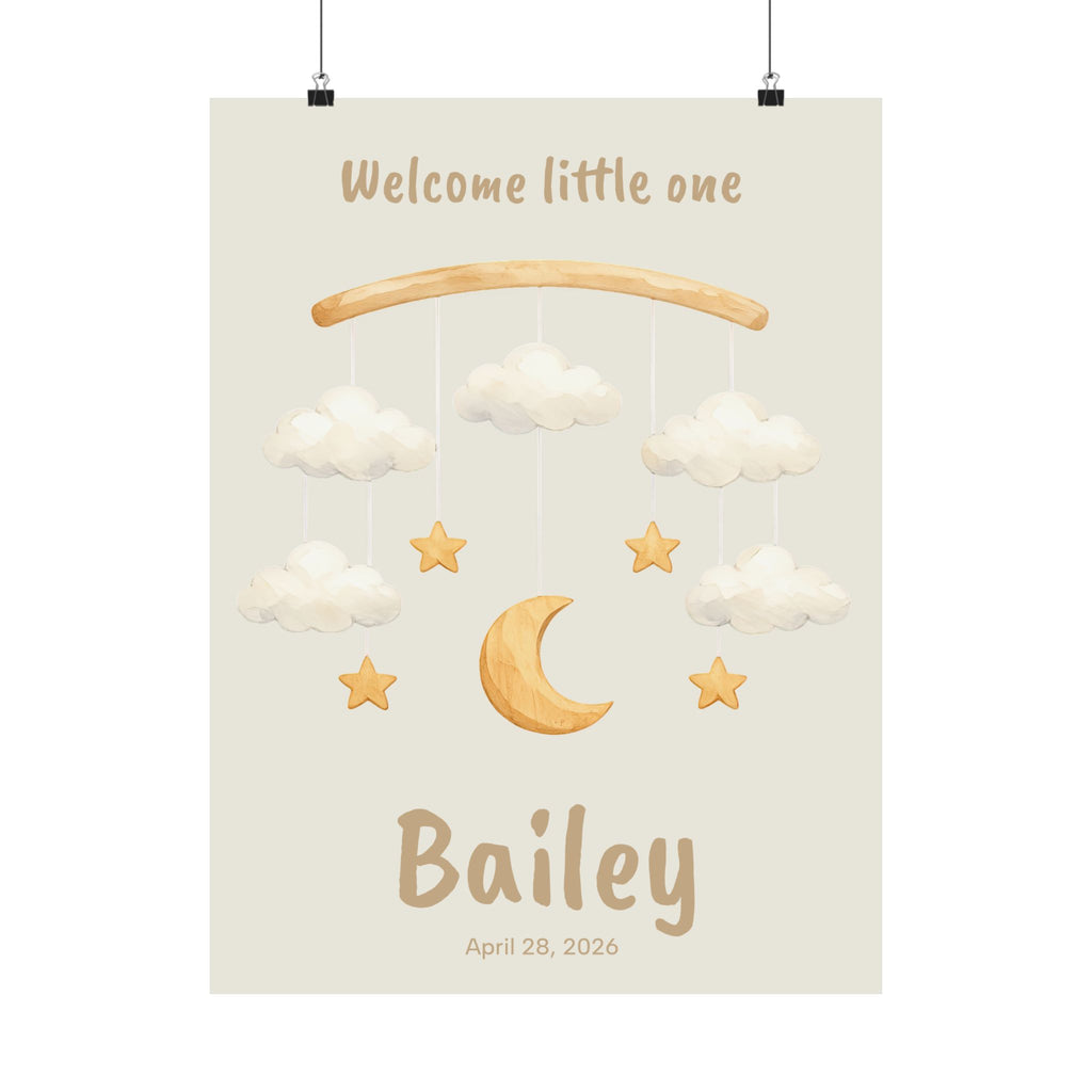 Personalized cloud and stars mobile nursery poster with custom baby name and birth date