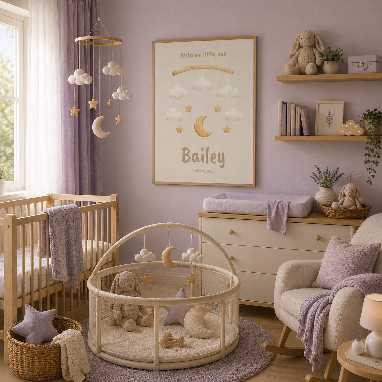 Wooden mobile with clouds and stars baby name poster in nursery room
