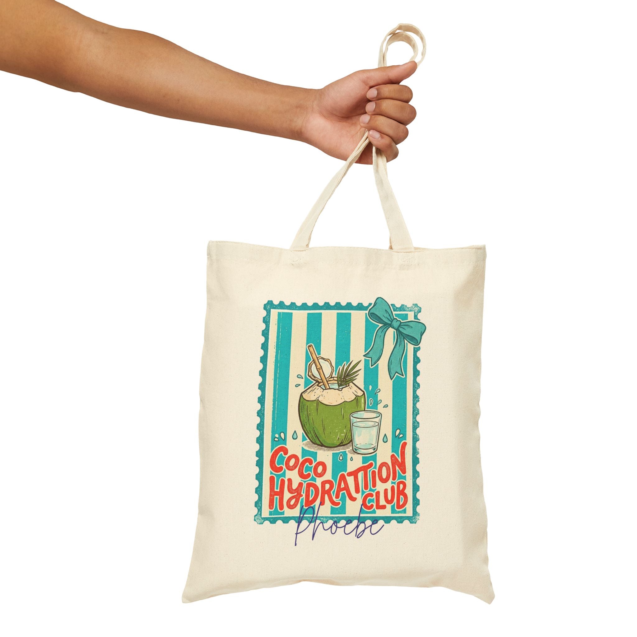 Personalized coco hydration club canvas tote bag styled in a home setting
