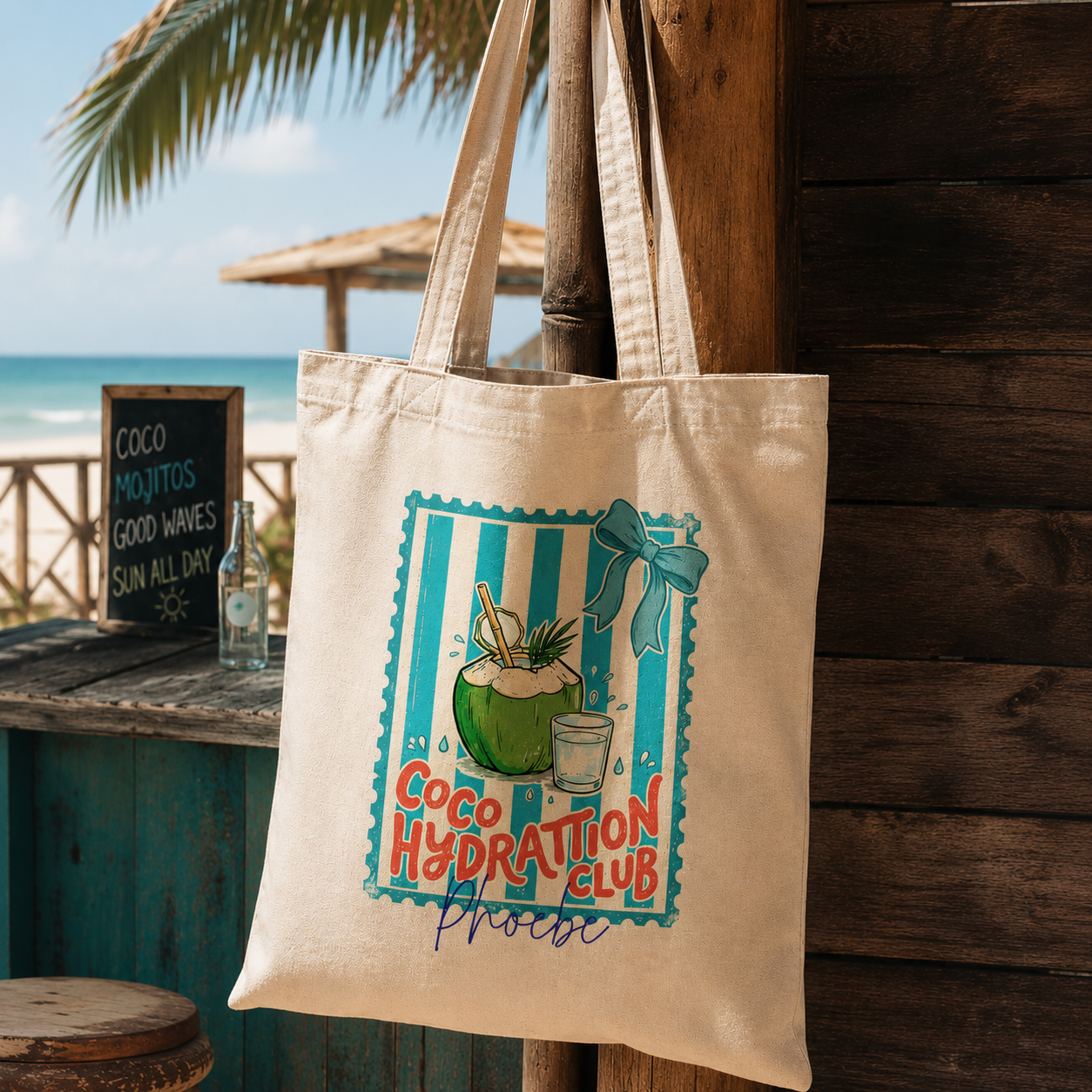 Personalized coco hydration club tote bag shown worn on shoulder, lifestyle photo
