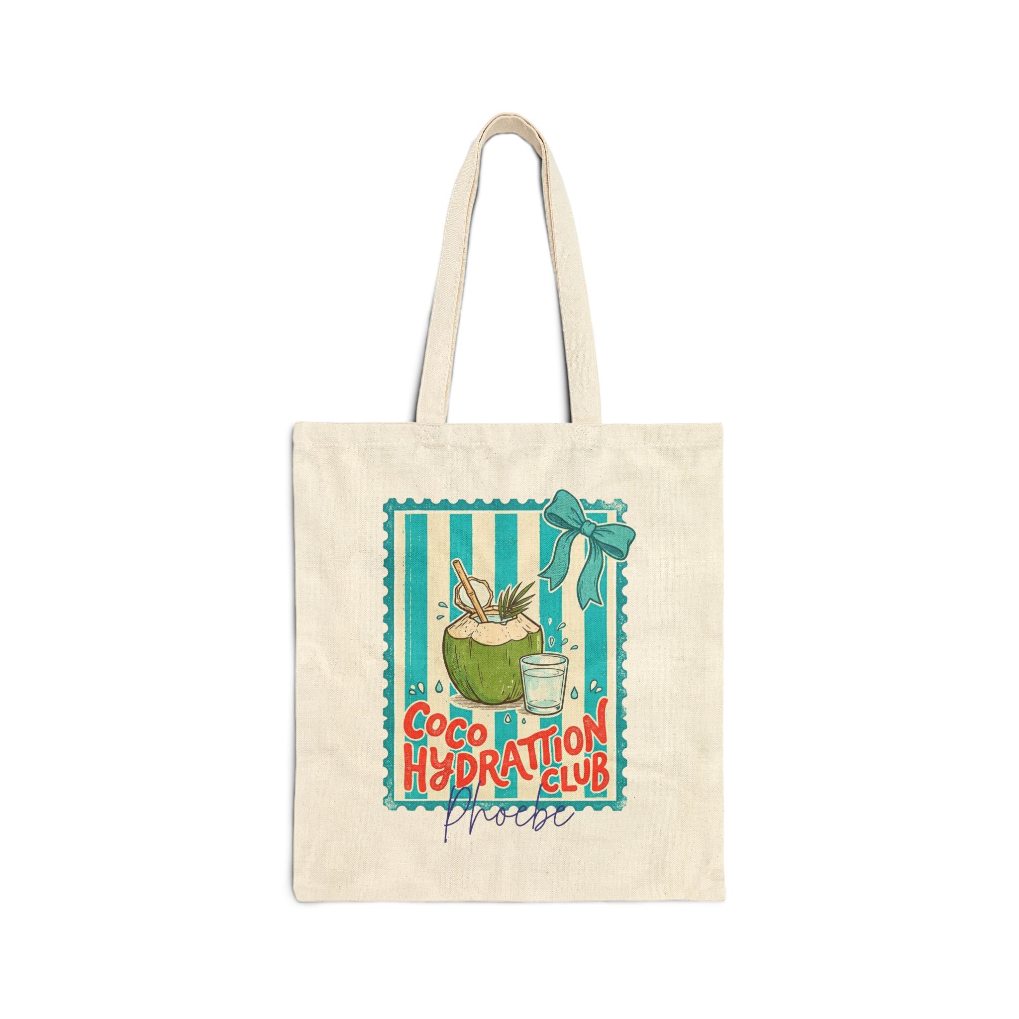 Personalized coco hydration club canvas tote bag with custom name, coconut drink design