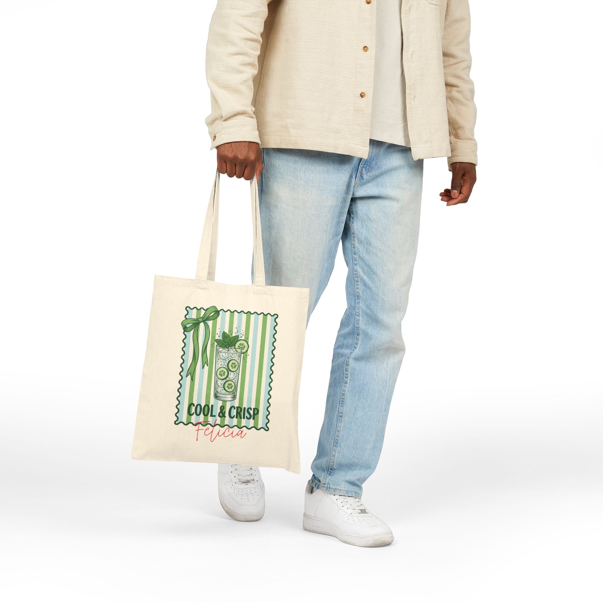 Personalized cool and crisp cucumber canvas tote bag styled in a home setting