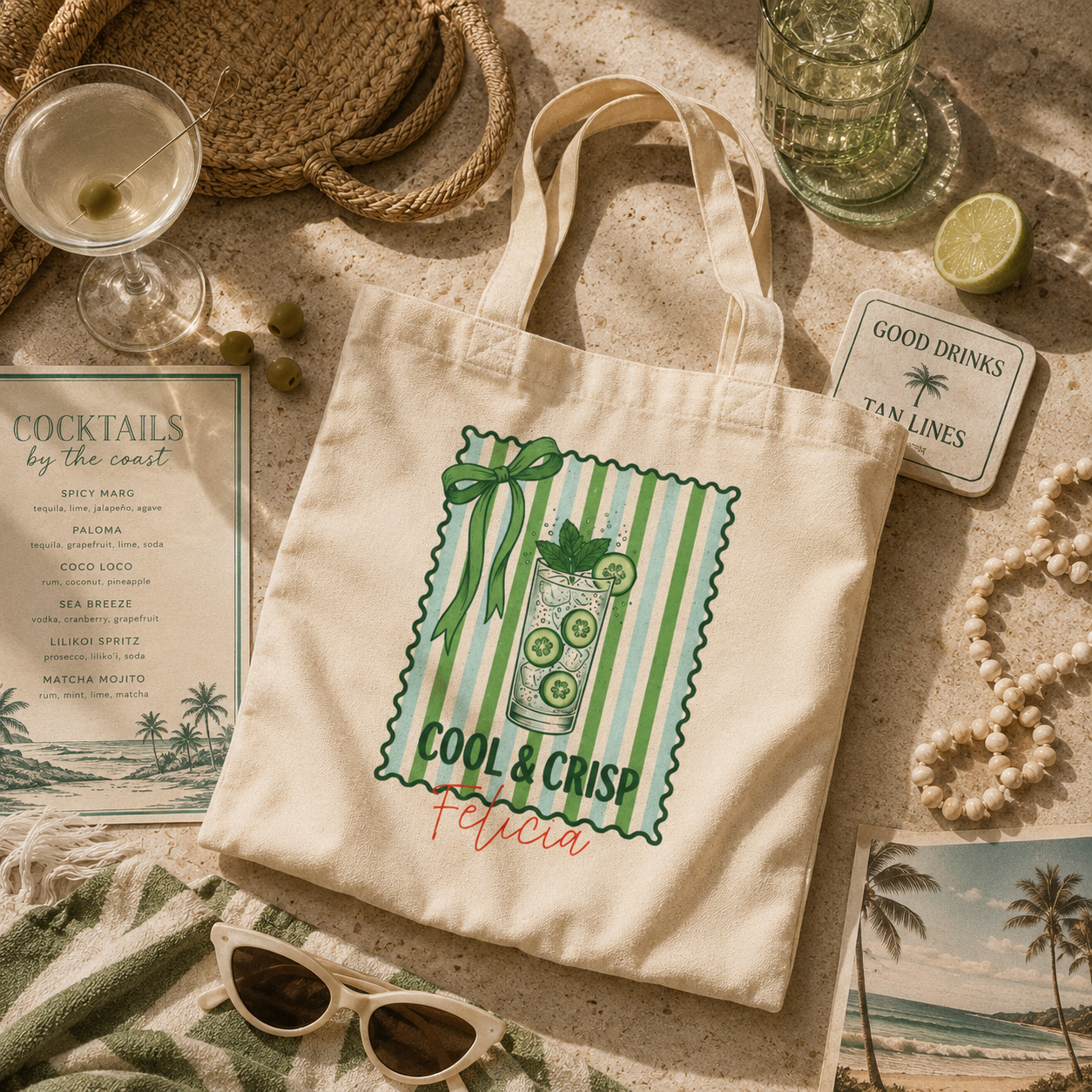 Personalized cool and crisp cucumber tote bag shown worn on shoulder, lifestyle photo