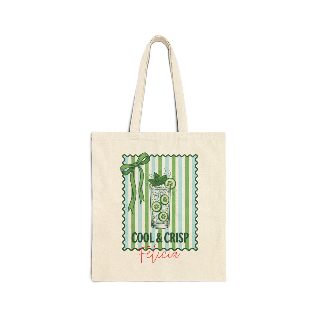 Personalized cool and crisp cucumber cocktail canvas tote bag with custom name