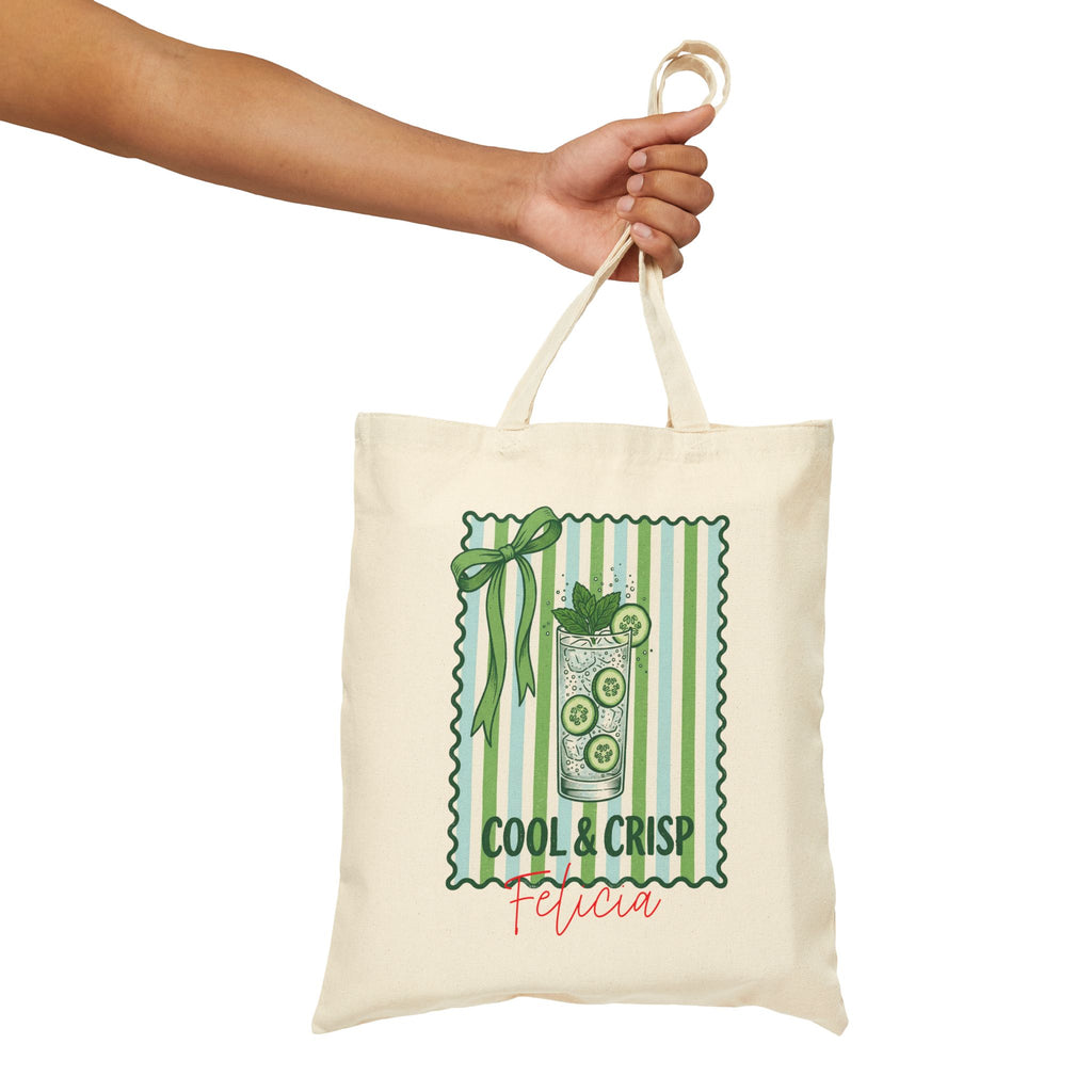 Personalized cool and crisp cucumber canvas tote bag size and dimensions reference