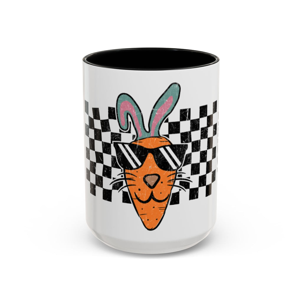 Personalized Cool Carrot Bunny mug black accent - retro checkerboard design with custom name in bold lettering on white 15oz ceramic