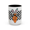 Personalized Cool Carrot Bunny mug black accent - retro checkerboard design with custom name in bold lettering on white 15oz ceramic
