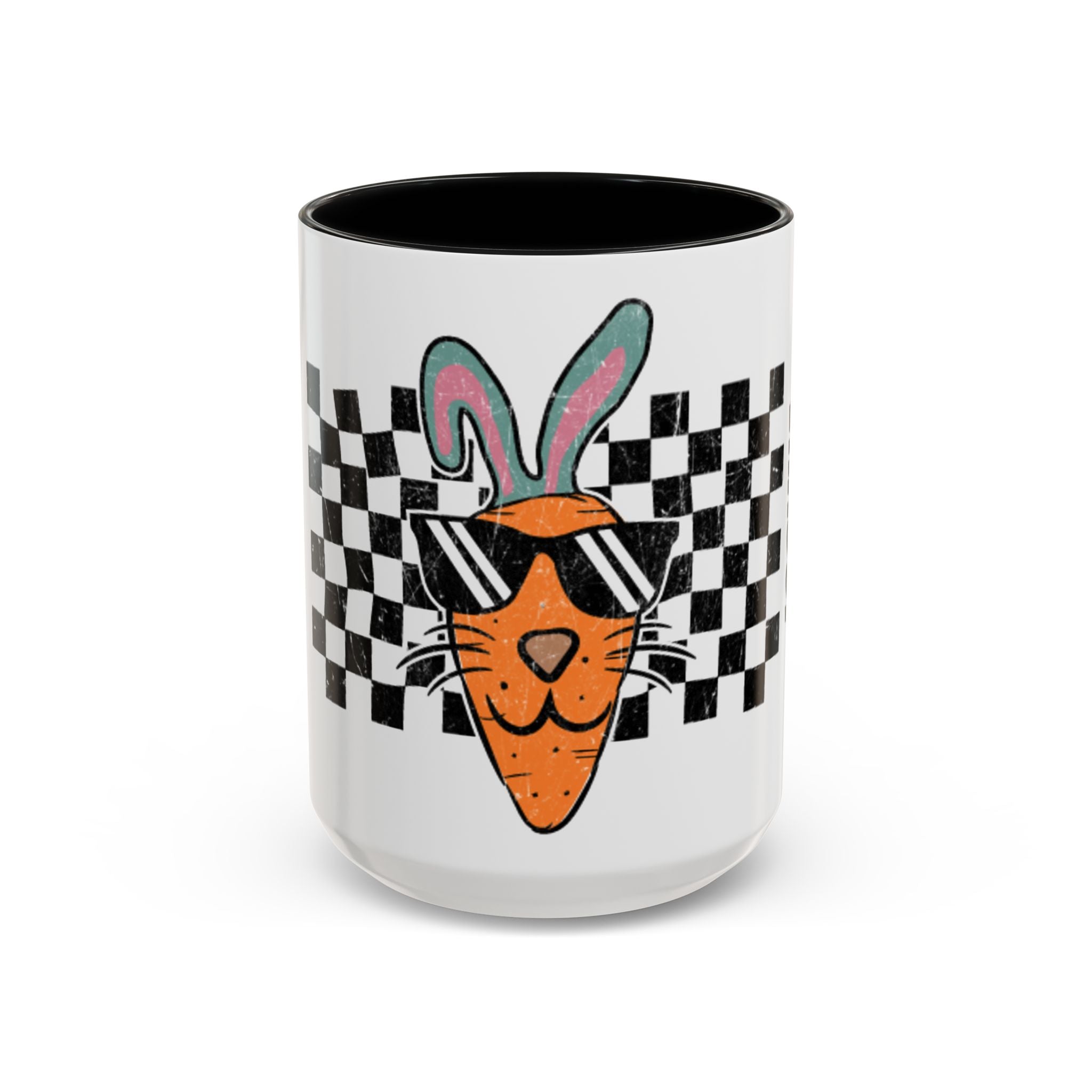 Personalized Cool Carrot Bunny mug black accent - retro checkerboard design with custom name in bold lettering on white 15oz ceramic