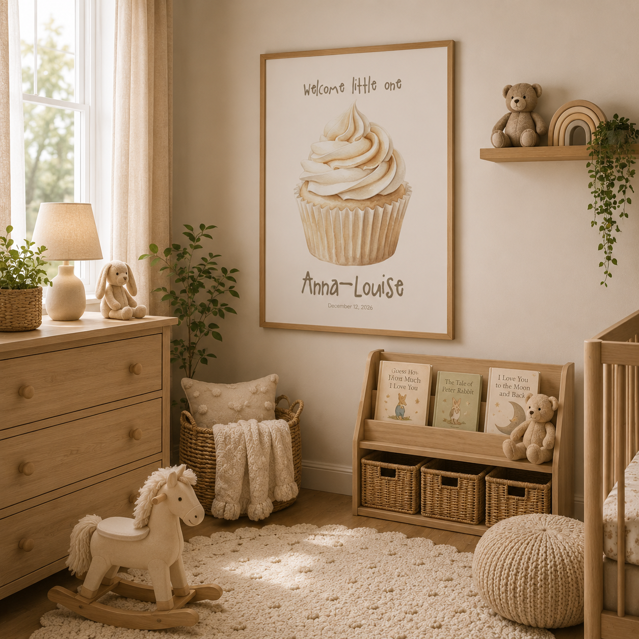 Close-up of cupcake poster showing personalized name and birth date