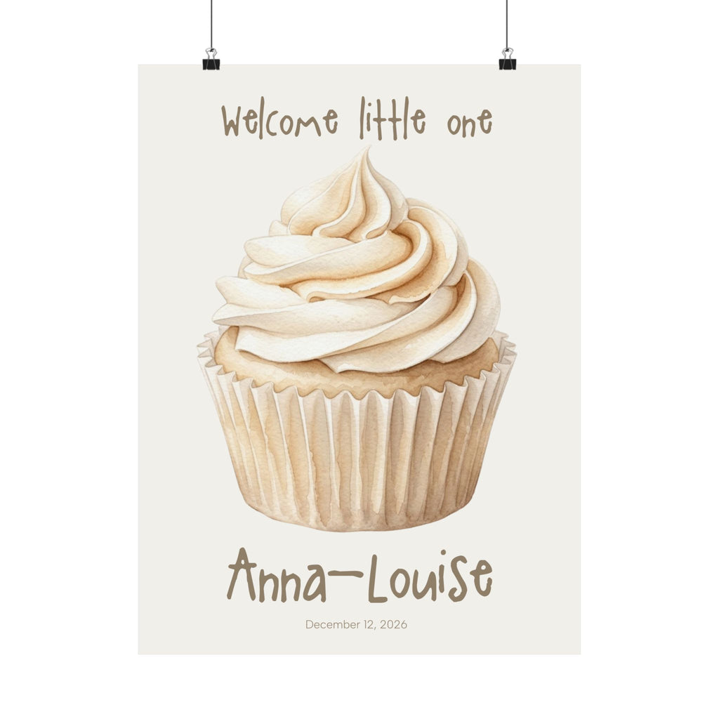 Personalized cupcake nursery poster with custom baby name and birth date