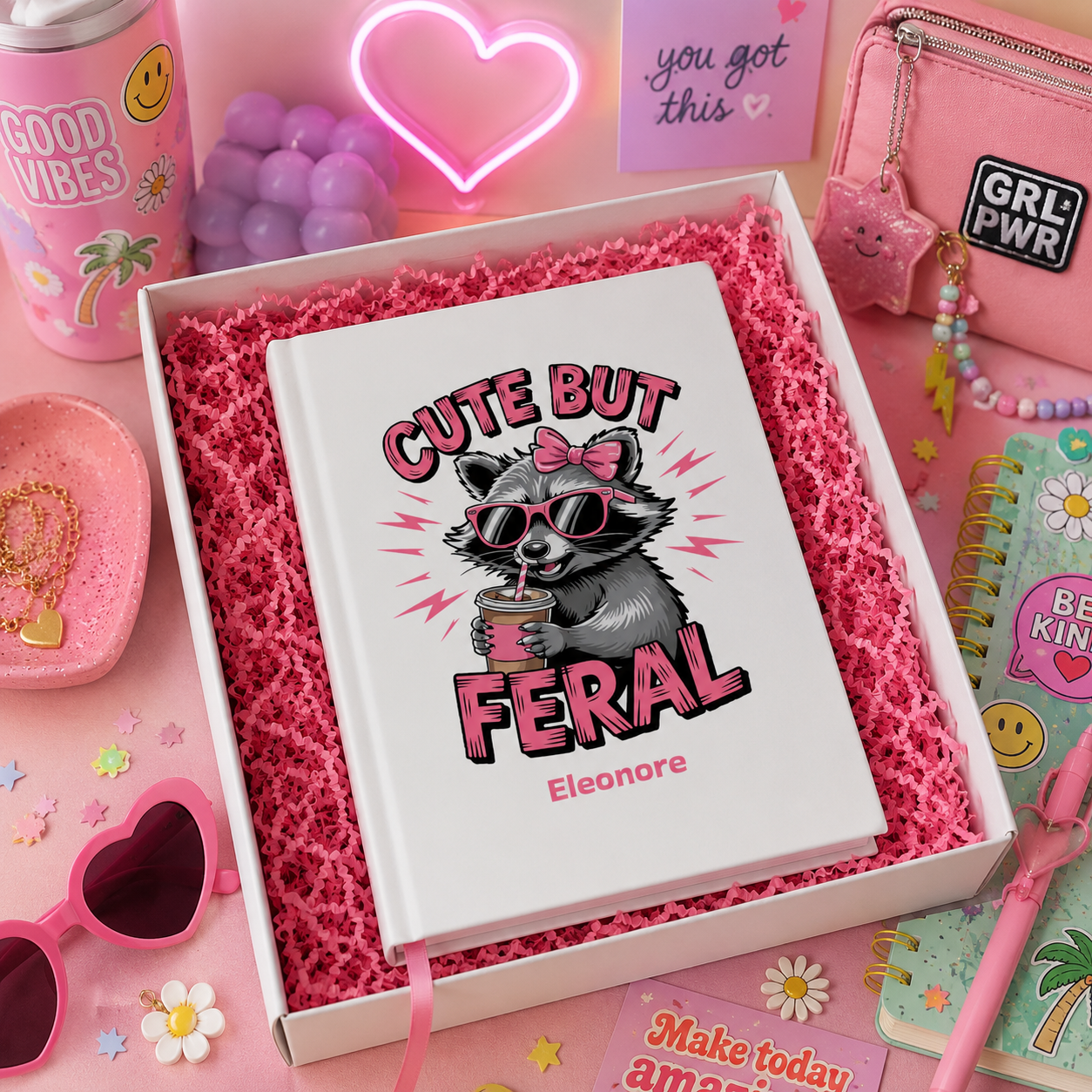 Personalized funny journal lifestyle – Cute But Feral raccoon notebook on desk