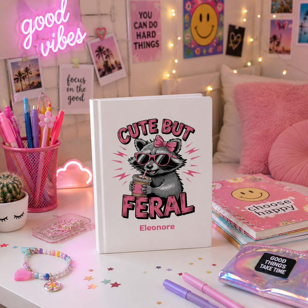 Cute But Feral raccoon journal open flat – casewrap binding and 90gsm pages