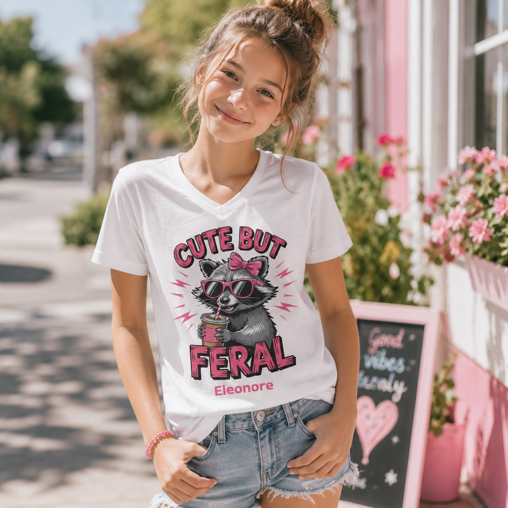 Pink raccoon tee close-up - Cute But Feral with sunglasses bow and iced coffee