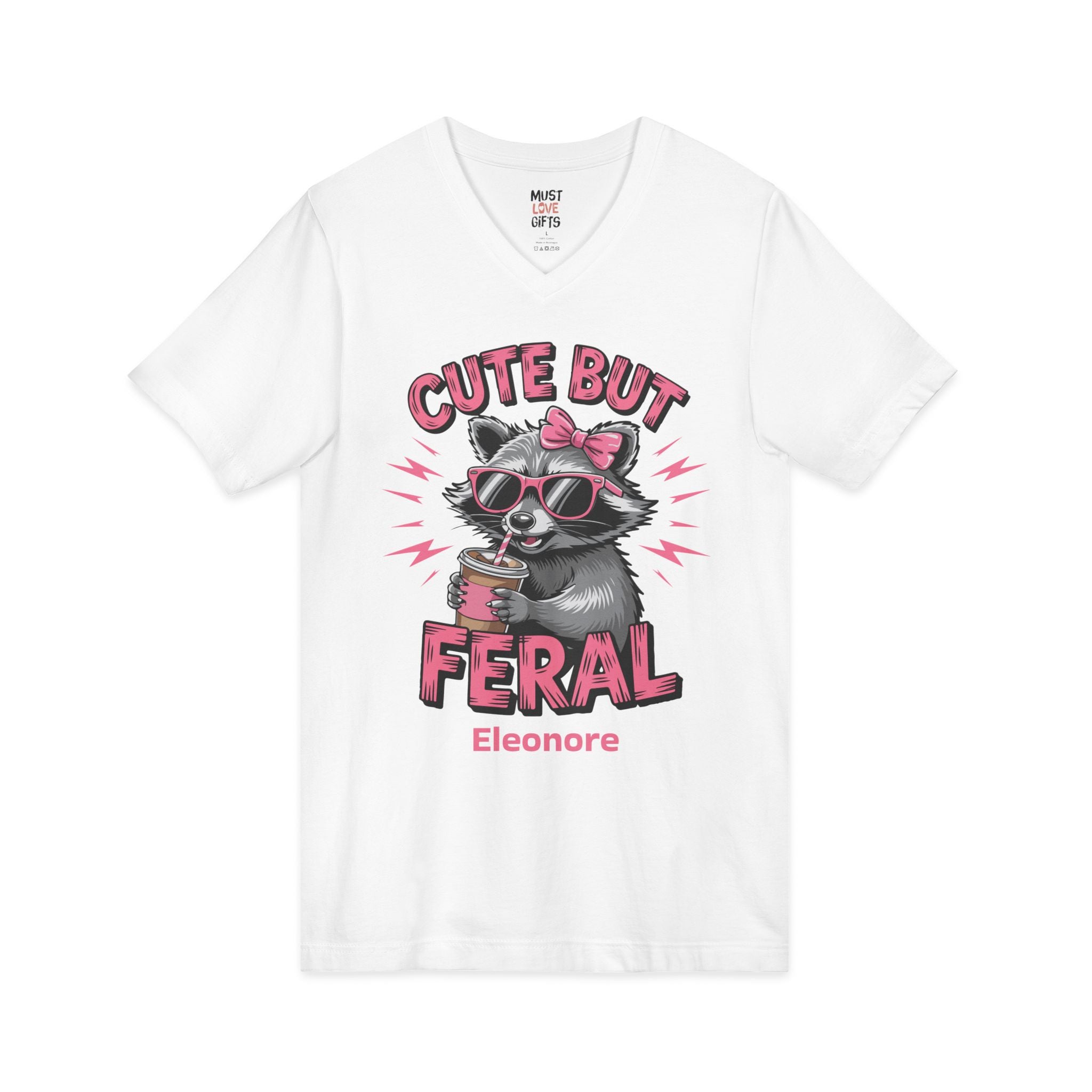 Personalized pink Cute But Feral raccoon tee front view - white V-neck with sunglasses and coffee graphic