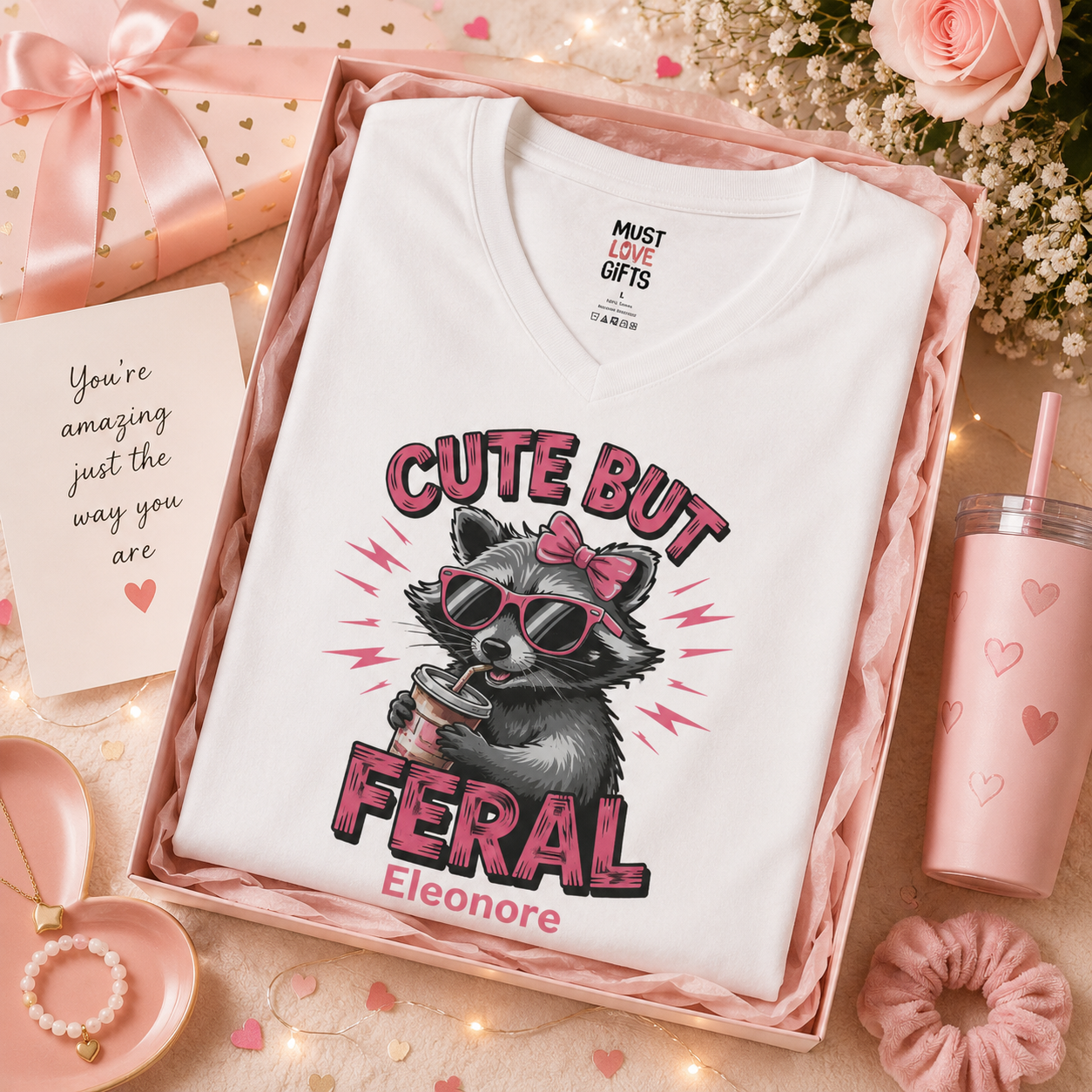 Funny friend gift tee lifestyle - pink Cute But Feral raccoon shirt worn casually
