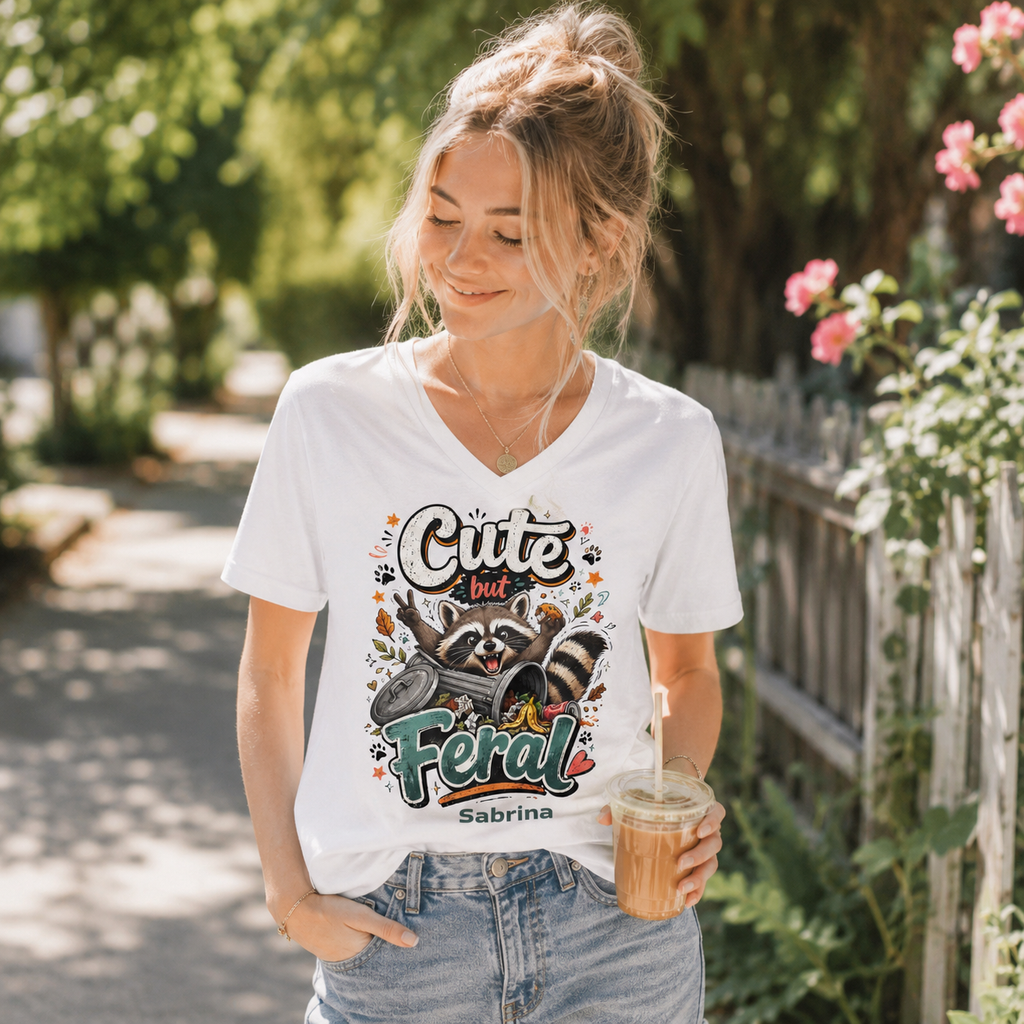 Cute But Feral tee close-up - raccoon in trash can with autumn leaves and paw prints