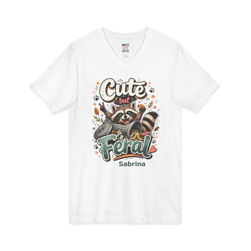 Personalized Cute But Feral raccoon trash can tee front view - white V-neck with cartoon illustration