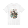 Personalized Cute But Feral raccoon trash can tee front view - white V-neck with cartoon illustration