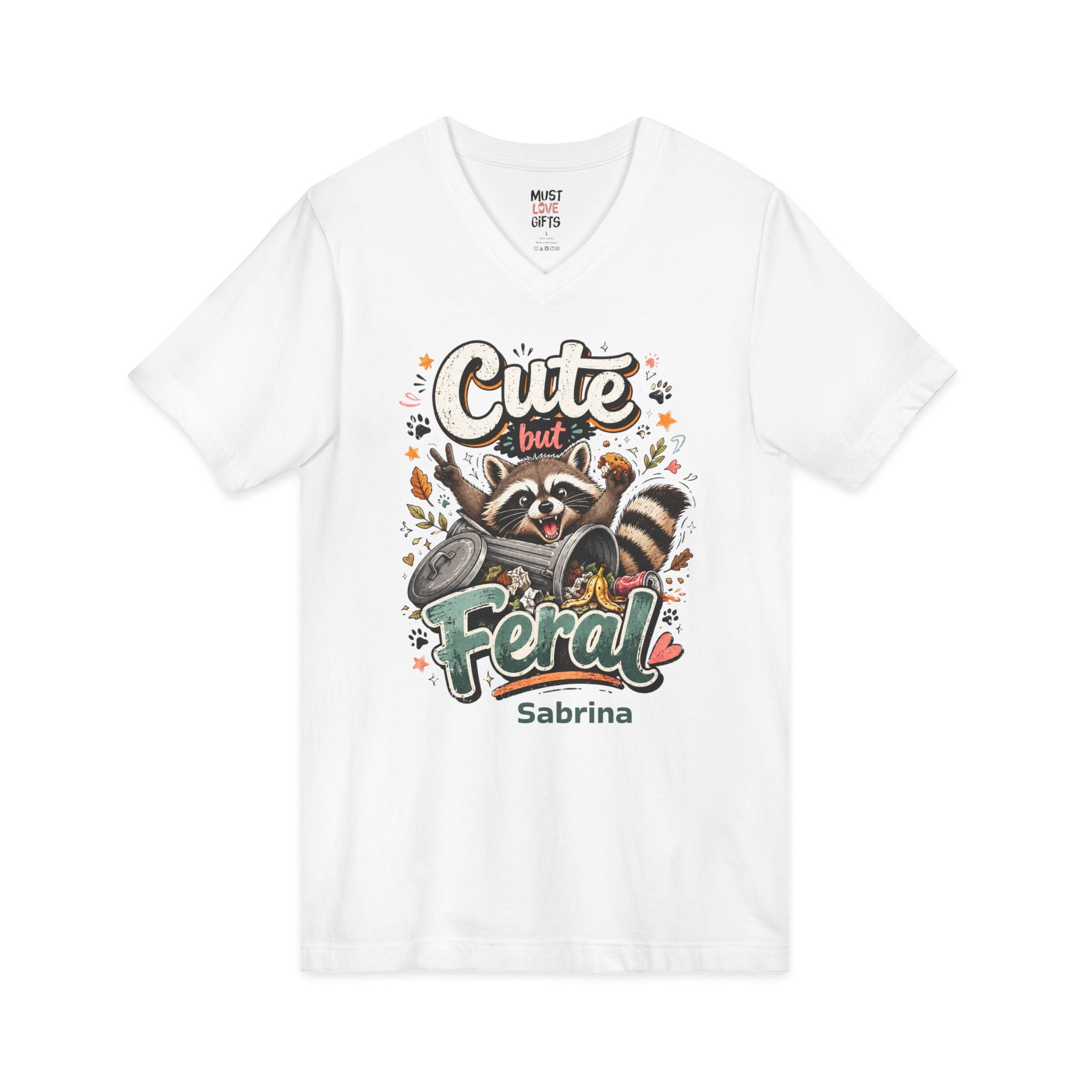 Personalized Cute But Feral raccoon trash can tee front view - white V-neck with cartoon illustration