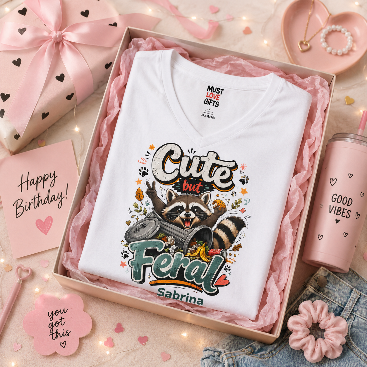 Funny custom name tee lifestyle - Cute But Feral raccoon shirt worn casually