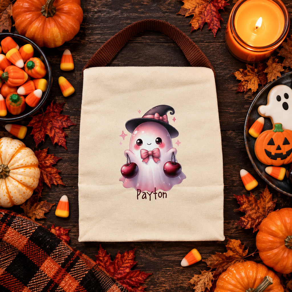 Back view of the cute ghost witch canvas lunch bag showing the brown strap handle