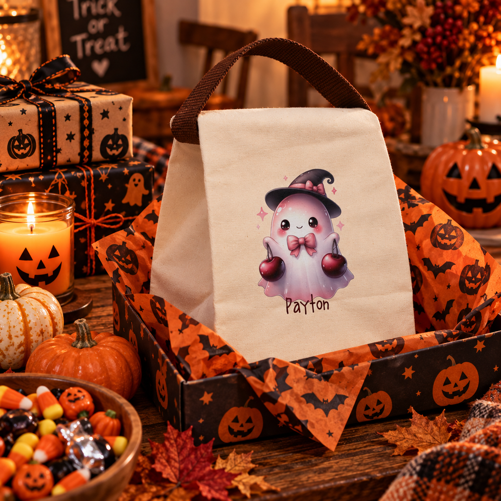 Cute ghost witch canvas lunch bag shown as a Halloween gift, personalized with custom name