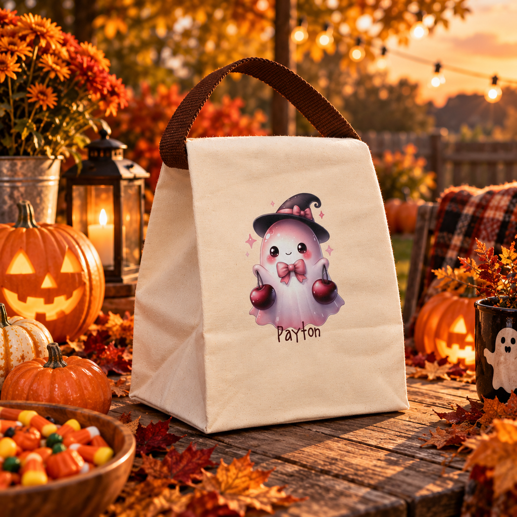 Open view of the cute ghost witch canvas lunch bag showing the roomy roll-top interior