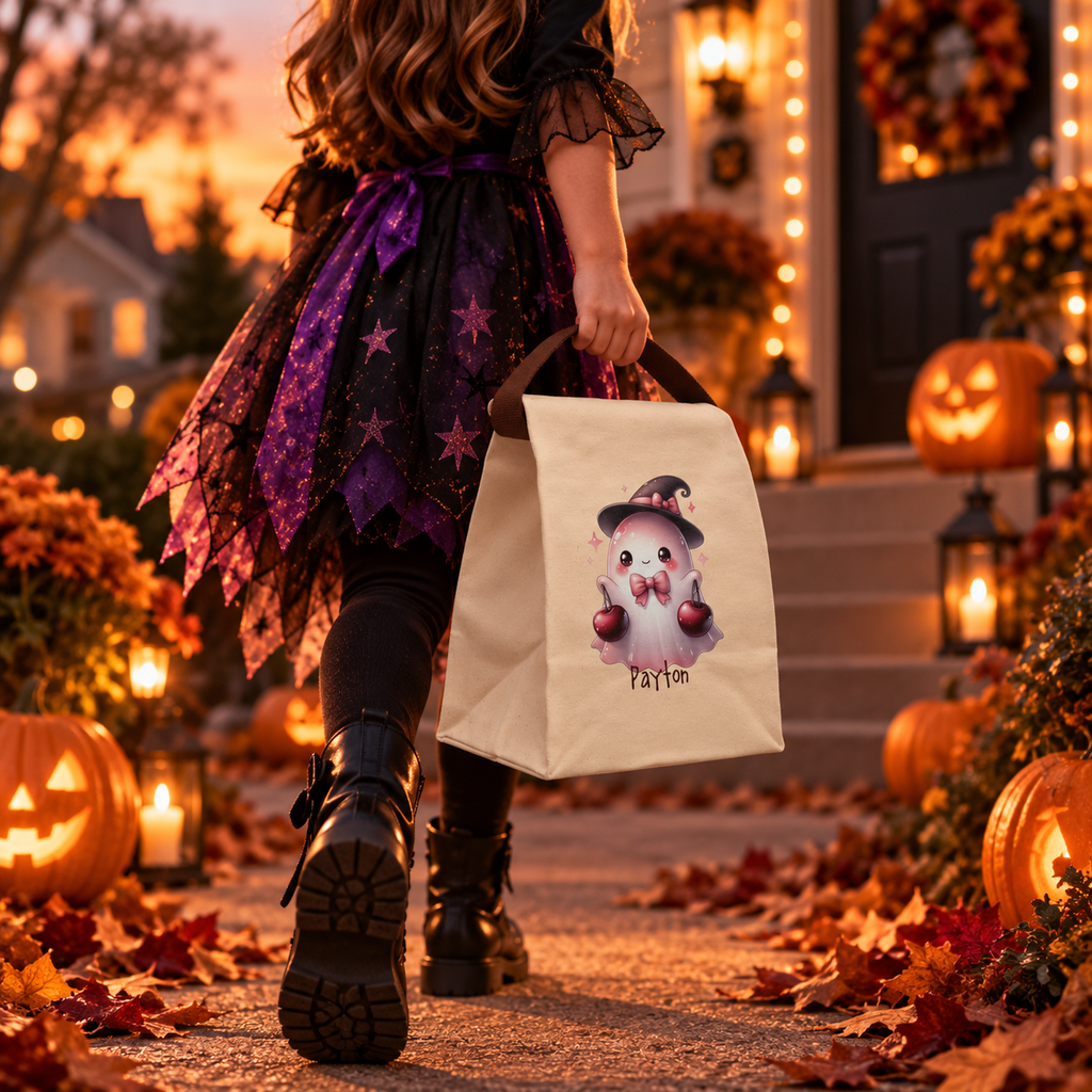 Cute ghost witch canvas lunch bag styled for a fall lunch, personalized with custom name