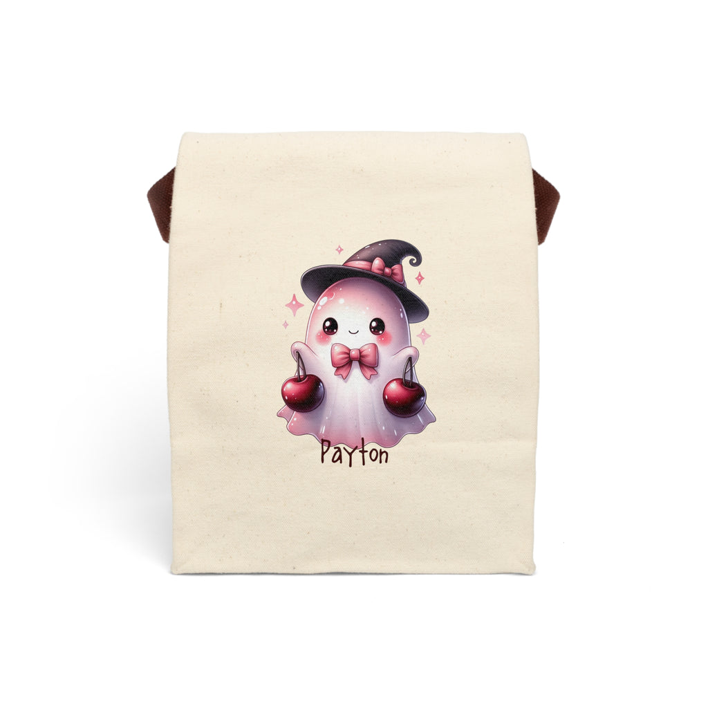 Personalized cute ghost witch canvas lunch bag holding cherries with custom name