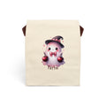 Personalized cute ghost witch canvas lunch bag holding cherries with custom name
