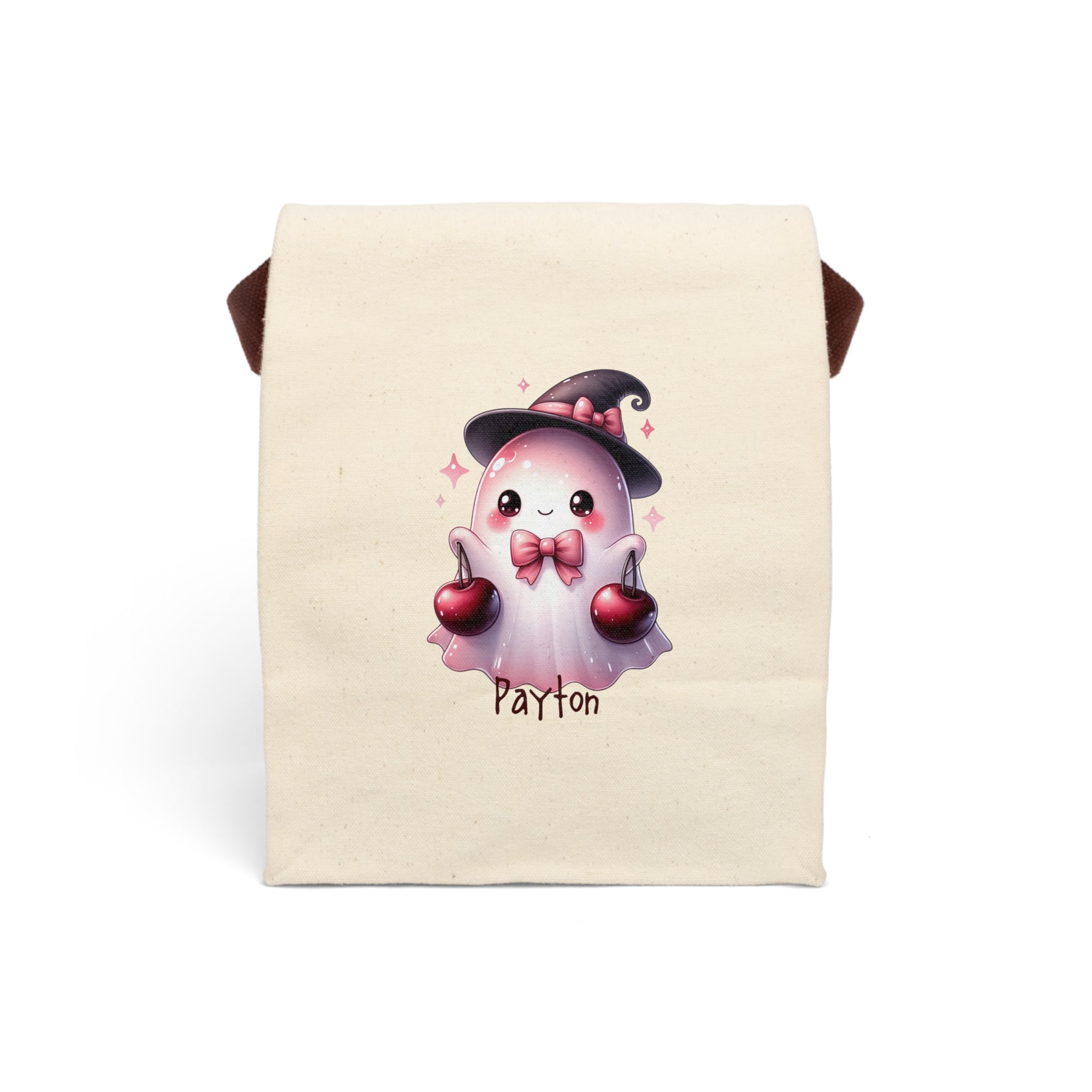 Personalized cute ghost witch canvas lunch bag holding cherries with custom name