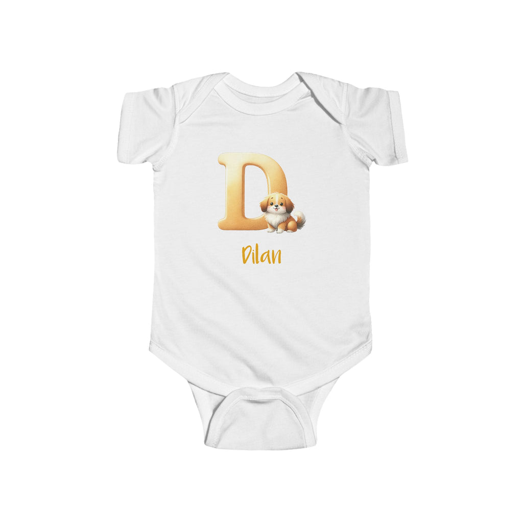 Personalized D baby bodysuit with dog – white cotton onesie with custom name