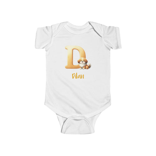 Personalized D baby bodysuit with dog – white cotton onesie with custom name