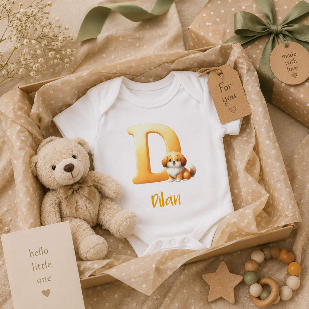 Close-up of D initial and dog design on baby onesie