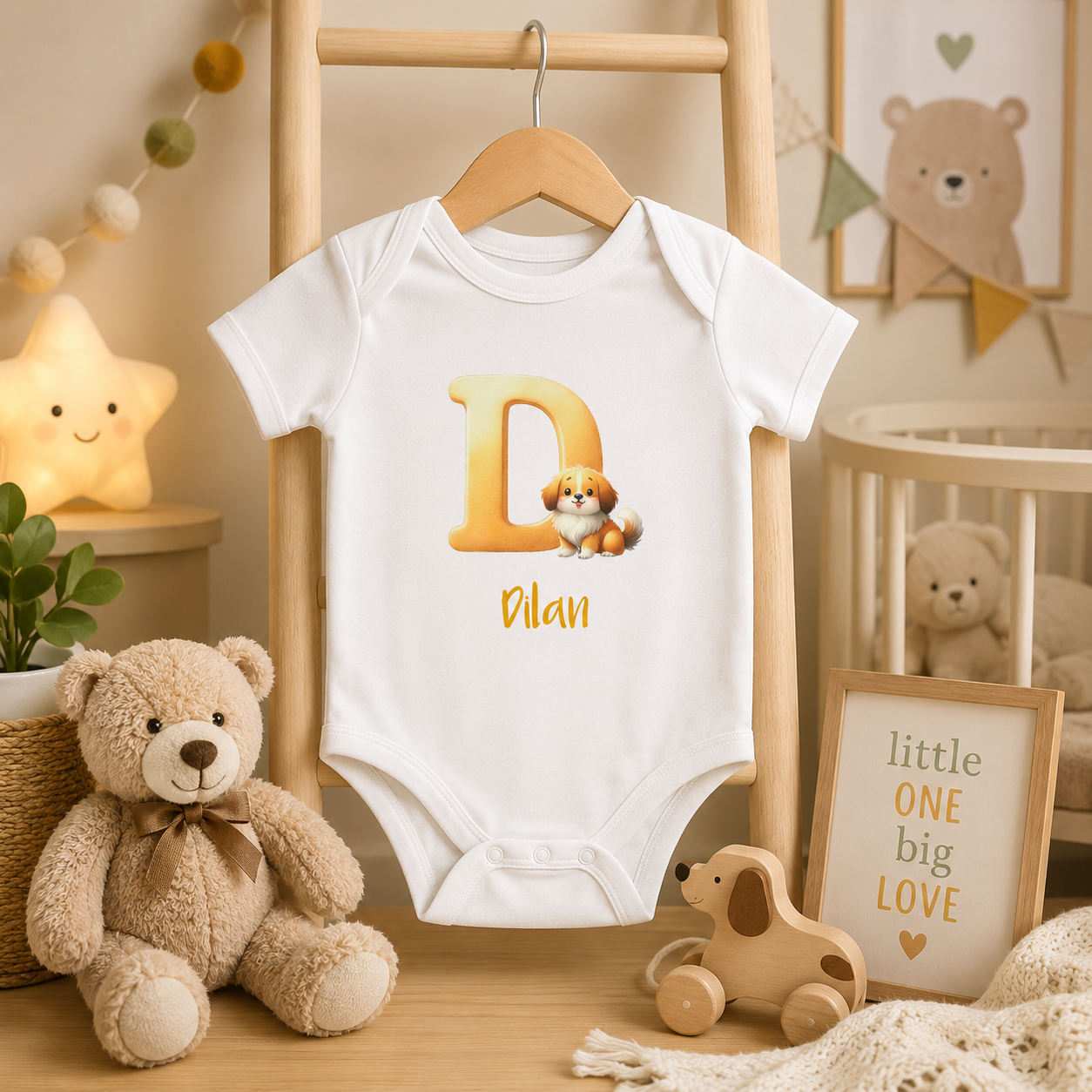 Personalized D onesie with dog – lifestyle photo