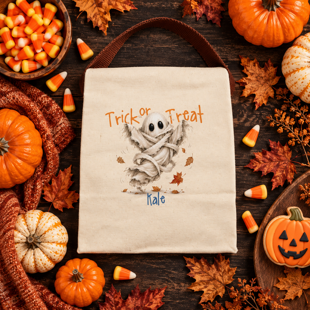 Back view of the trick or treat dancing ghost canvas lunch bag showing the brown strap handle