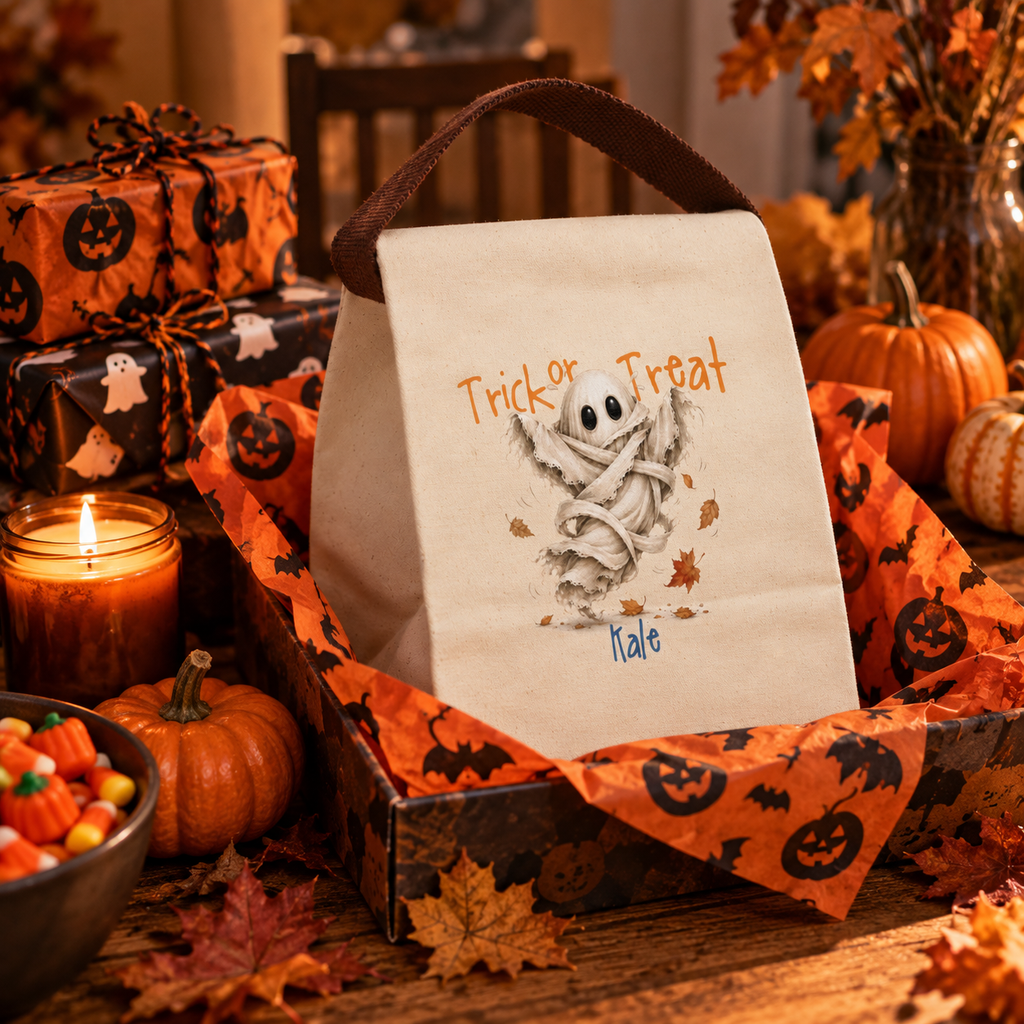 Trick or treat dancing ghost canvas lunch bag shown as a Halloween gift, personalized with custom name