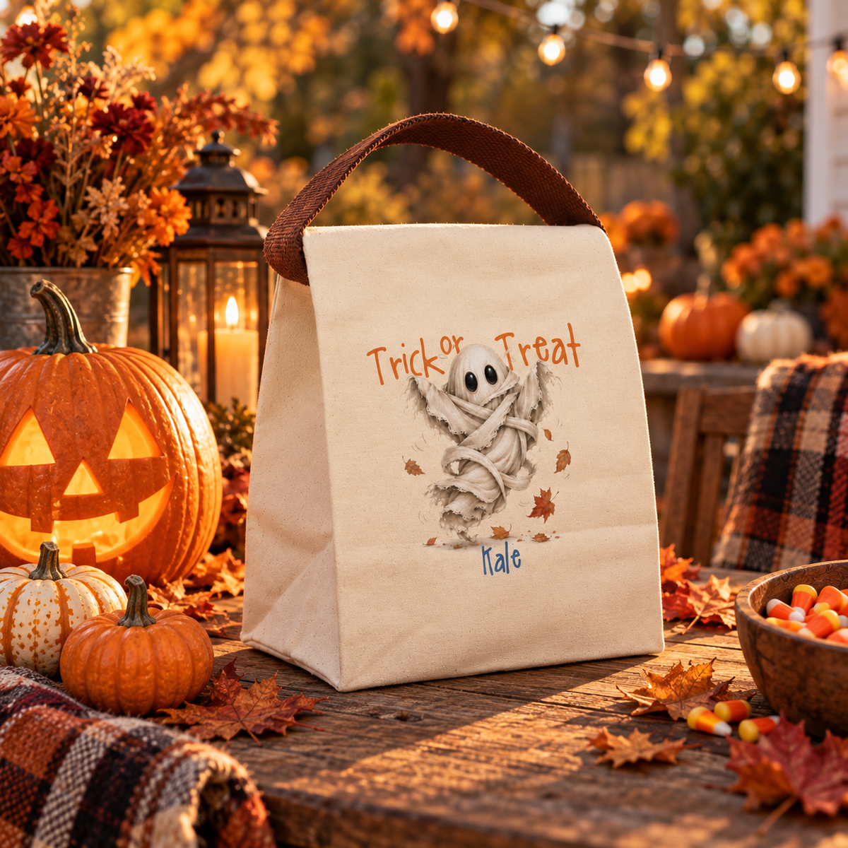 Open view of the trick or treat dancing ghost canvas lunch bag showing the roomy roll-top interior