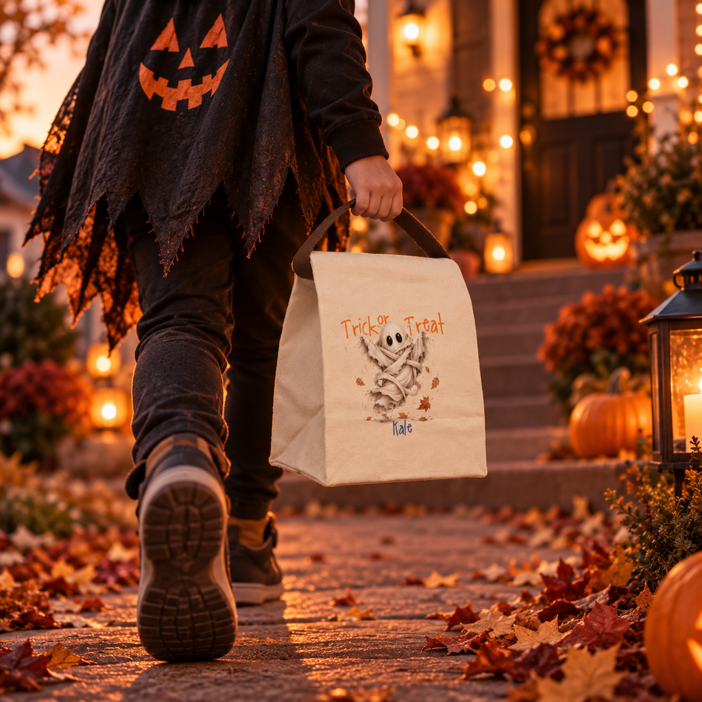 Trick or treat dancing ghost canvas lunch bag styled for a fall lunch, personalized with custom name
