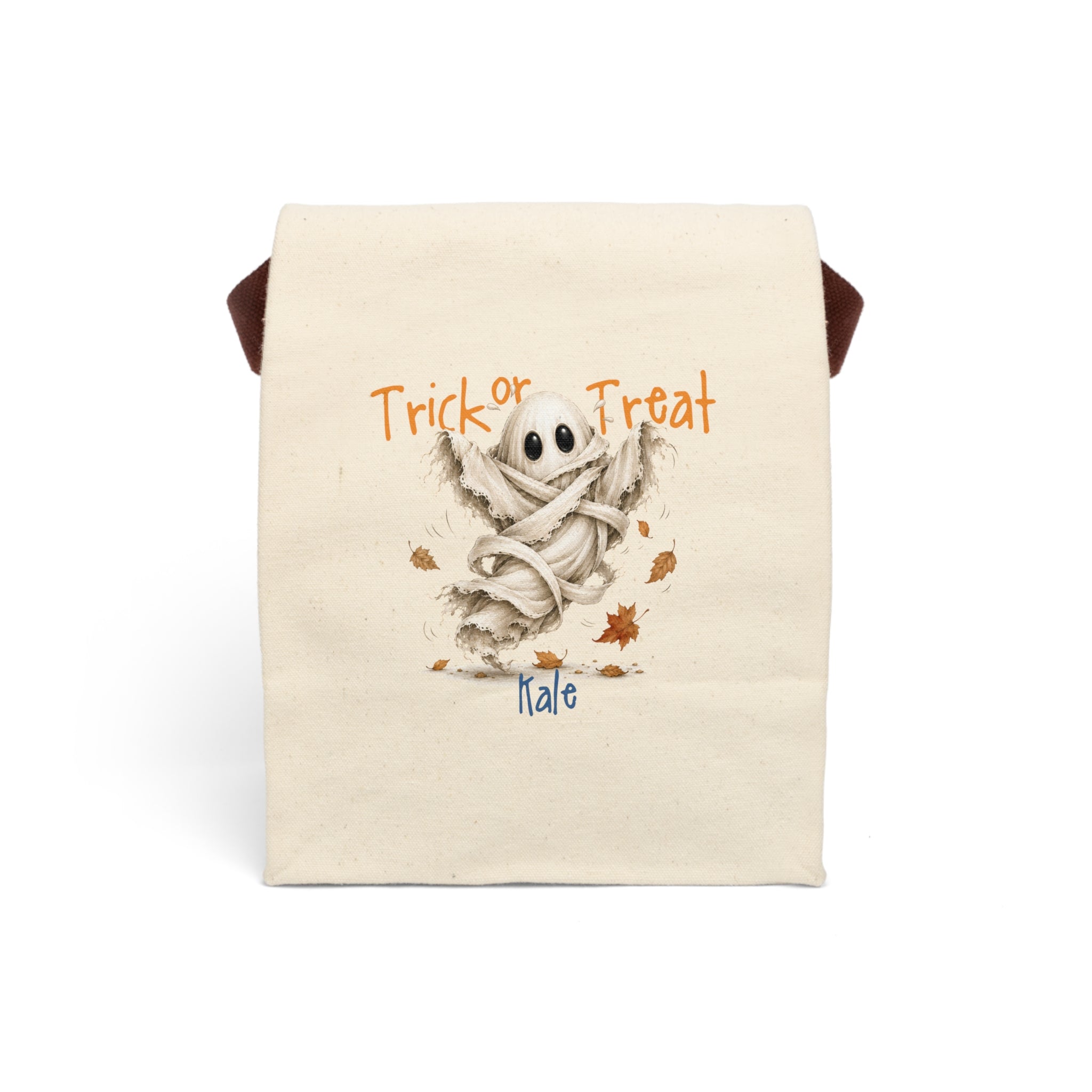 Personalized Trick or Treat dancing ghost canvas lunch bag with custom name