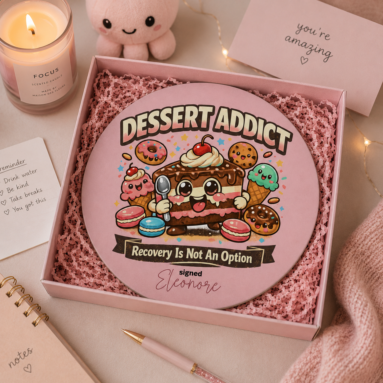 Close-up of neoprene texture and stitched edge on dessert addict mouse pad