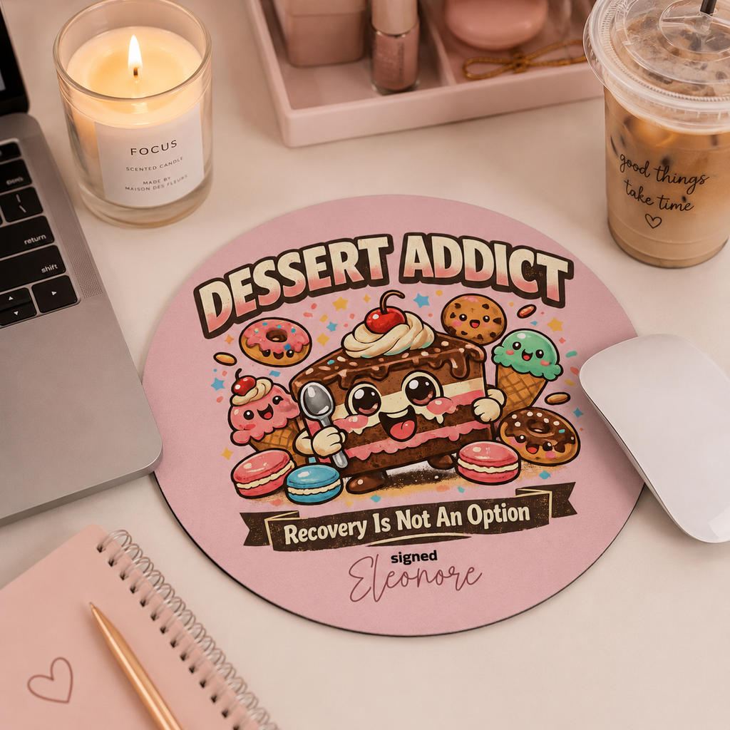 Personalized dessert addict mouse pad styled on a home office desk