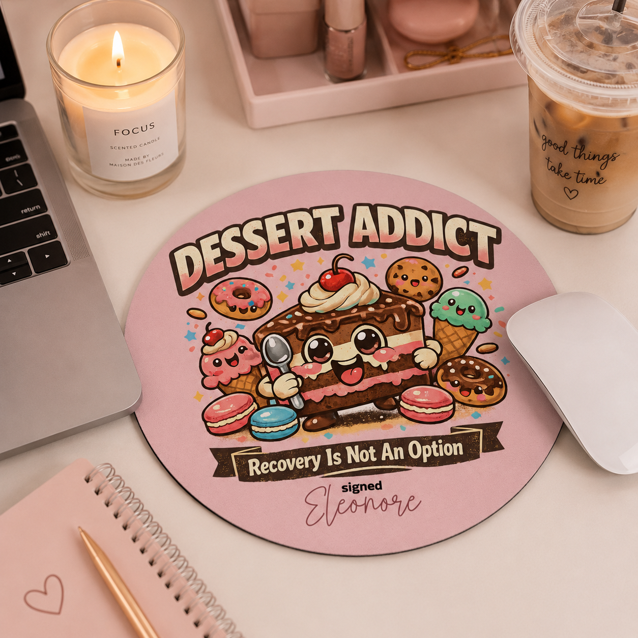 Personalized dessert addict mouse pad styled on a home office desk